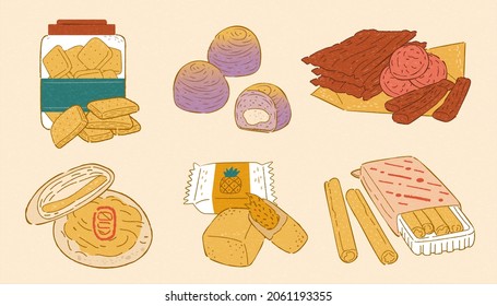 Warm doodle illustrations of Taiwanese famous pastries, including square cookies, taro pastry, dried meat crisp, suncake, pineapple cake and waffle egg rolls