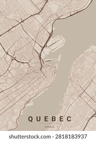 warm elegance to your interior decor with this minimalist map print of Quebec City, Canada. Featuring a soft sepia and beige tone palette paired with rich brown linework, this design highlights Quebec's historic layout, winding streets, and waterfront along the St. Lawrence River.
​An ideal wall art piece for travelers, lovers of heritage cities, Canadian expats, or anyone decorating with warm, neutral aesthetics.