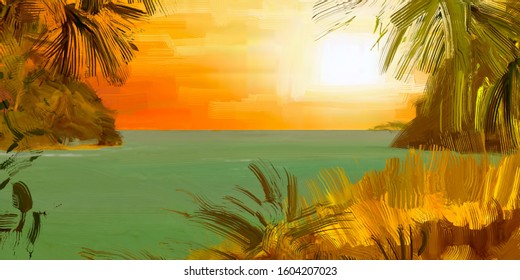 Warm evening. Digital painting. Seaside. Sunset view. Summer weather. Panorama. Landscape. Tropical island. 2d illustration.  - Shutterstock ID 1604207023