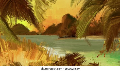 Warm evening. Panorama. Summer weather. Seaside. Sunset view. Digital painting. Tropical island. 2d illustration. Landscape.  - Shutterstock ID 1600224559