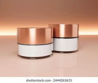 Warm gold tones backlit Scene, mockup, cosmetics presentation, glass cream bottles and jars with copper shiny chrome caps, close up on pastel background, ready-made scene for banner, 3D rendering