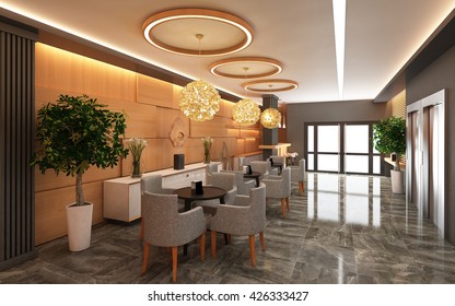 Warm Hotel Lobby With Wood Wall 3d Rendering