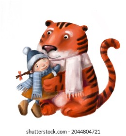Warm Hugs Of Tiger And Girl, Children's New Year Illustration, Watercolor Style Clipart With Cartoon Characters Good For Card And Print Design