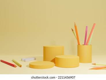 Warm, Light, Bright, Pastel Yellow 3D Illustration Back To School Product Display Three Podium Or Stand, Horizontal Image From Side With Pencils And Chalk On Table For Product Photography Background