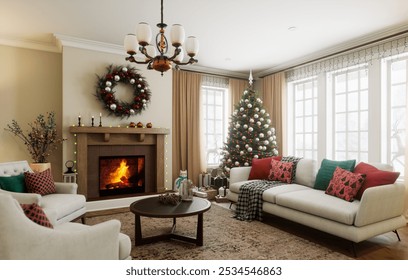 A warm living room decorated for the holidays, featuring a festive Christmas tree and a cozy fireplace. 3D Illustration - Powered by Shutterstock