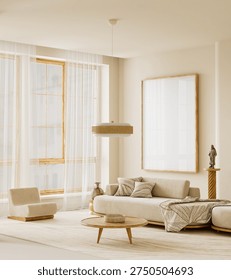 A warm minimal interior featuring a wall-mounted poster frame mock-up illuminated by soft daylight. Natural wood, sculptural décor and neutral tones create a clean refined presentation setting. 3D illustration