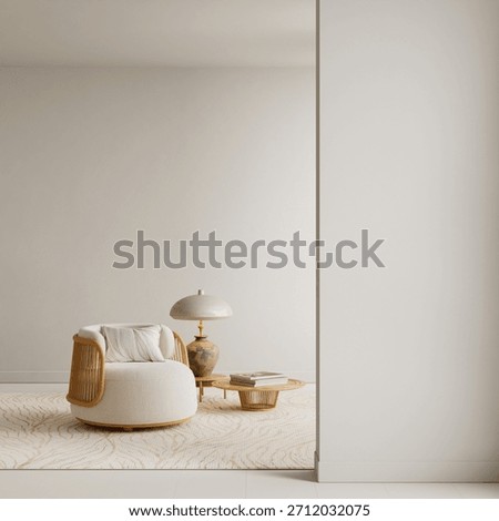 Warm minimal seating corner featuring a rounded armchair, sculptural lamp, rattan coffee table and serene negative space composition for interiors 3D illustration