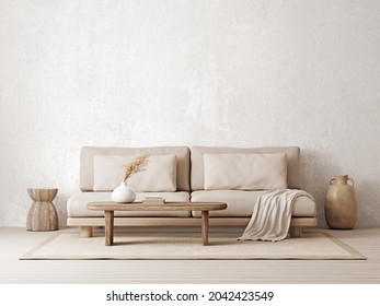 Warm neutral wabi-sabi style interior mockup with low sofa, jute rug, ceramic jug, side table and dried grass decoration on empty concrete wall background. 3d rendering, illustration.  
