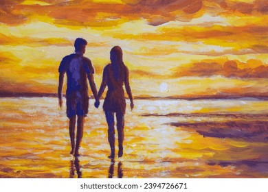 A warm romantic landscape. A couple in love walking along a warm water seashore at sunrise sunset. - Powered by Shutterstock