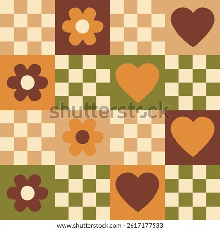 Warm seamless pattern featuring alternating squares of flowers and hearts in brown, orange, and green on a tan plaid background.