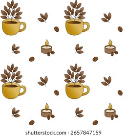 Warm seamless pattern featuring coffee cups with brown branches, coffee beans and candles on a white background. Ideal for packaging, textile, digital paper or cafe design.