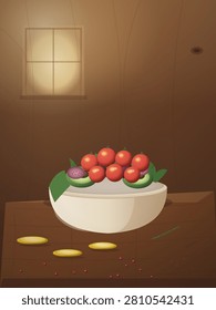 A warmly lit rustic interior scene featuring a white ceramic bowl overflowing with ripe red fruits and green leaves resting on a wooden table scattered with golden coins and tiny red berries beneath a glowing window