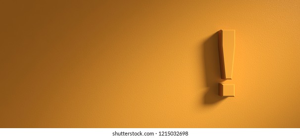 Warning, Attention Danger Concept. Exclamation Mark On Orange Wall Background, Banner, Copy Space. 3d Illustration