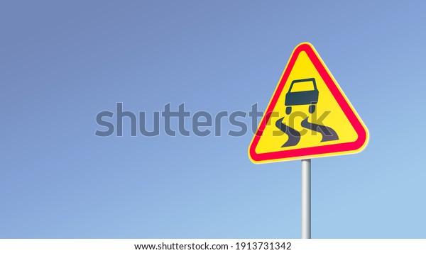 Warning of bad road conditions. Snowfall.\
Road sign in the shape of a triangle with the image of a cars on a\
slippery road. 3D illustration.\
