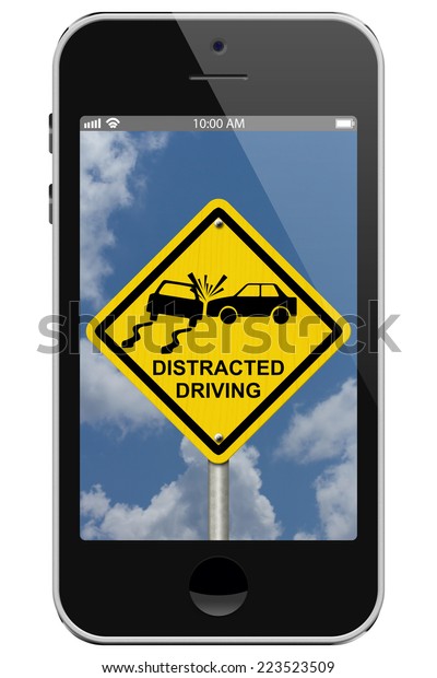 Warning of Distracted\
Driving, Mobile Phone Warning of Distracted Driving Sign isolated\
on a white\
background