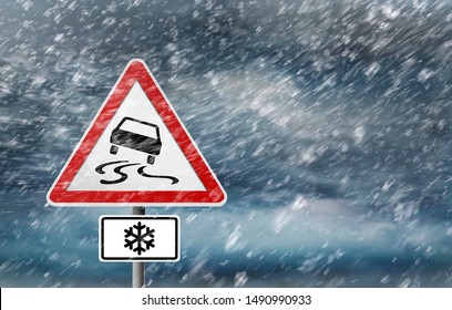 Warning Sign - Snow Storm - Slippery Road - 3D illustration
