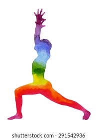 warrior 1 yoga pose, watercolor painting chakra, strong and powerful, colorful rainbow, illustration design