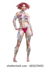 Warrior amazon woman. Long hair. Muscular athletic body. Girl standing candid provocative pose. Conceptual fashion art. 3D render isolate illustration. Hi key.