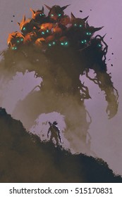 The Warrior Facing Giant Multi-head Monster,illustration Painting