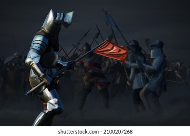 Warrior Knight With Medieval Battle Scene Illustration In The Background. Digital Painting.