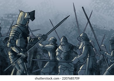 Warrior Knight With Medieval Battle Scene Illustration In The Background. Digital Painting.