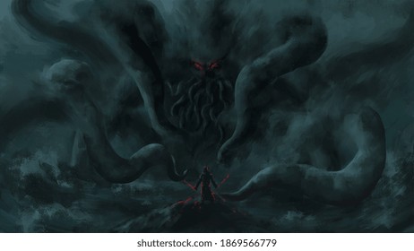 warrior standing looking Cthulhu,Cosmic monster, sea monster,strom bad weather ,digital art, Illustration painting.