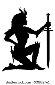 Warrior Woman Silhouette.Stylized Woman Warrior With A Sword, In A Fantasy Spiked Armor.