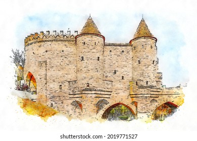 Warsaw Barbican, seen from outside the Warsaw Old Town city walls. Sixteenth-century fortress, part of the medieval fortifications around the city of Warsaw, watercolor sketch illustration.