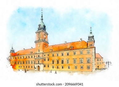 Warsaw Royal Castle, Poland, watercolor sketch illustration.