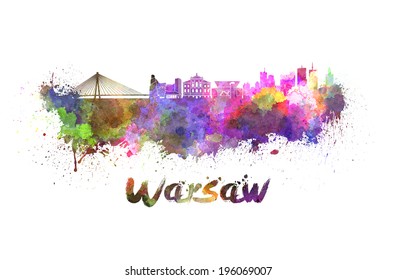 Warsaw skyline in watercolor splatters with clipping path