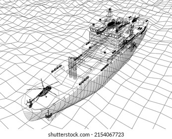 Warship 3d Wire Frame On The Sea