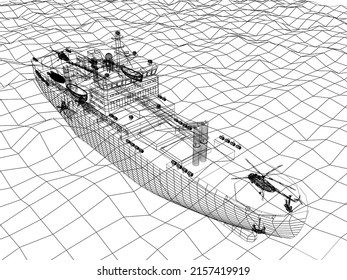 Warship 3d Wire Frame On The Sea