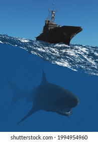 Warship And Shark Under Water. ,3d Render