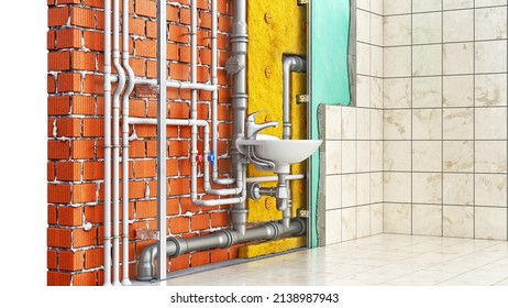 A Wash Basin Is Connected To The Pvc Pipes In The Wall In Cross Section Showing All The Wall Layers, 3d Illustration