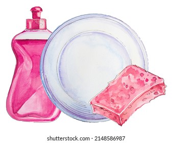 Washing A Dish Illustration. Watercolor Hand Painted Plate, Detergent And Sponge. Cleaning Service Design. Housework Concept Clipart. 