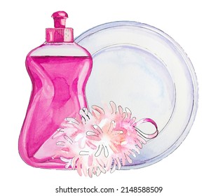 Washing A Dish Illustration. Watercolor Hand Painted Plate, Detergent And Sponge. Cleaning Service Design. Housework Concept Clipart. 