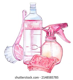 Washing Dishes Supplies Illustration. Watercolor Hand Painted Plate, Detergent And Sponge. Cleaning Service Design. Housework Concept Clipart. 