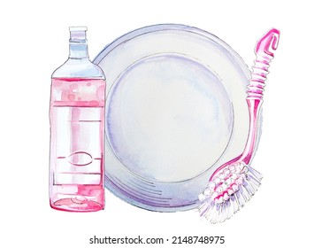 Washing Dishes Supplies Illustration. Watercolor Hand Painted Plate, Detergent And Sponge. Cleaning Service Design. Housework Concept Clipart. 