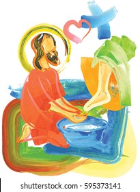 Washing of feet - Jesus Christ washing the feet of the apostles on Holy Thursday. Abstract artistic modern religious christian illustration