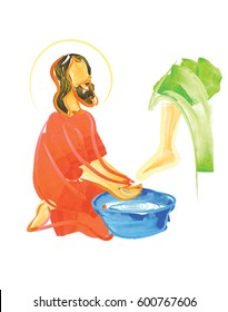 Washing of feet - Jesus Christ washing the feet of the apostles on Holy Thursday. Abstract artistic modern religious christian illustration