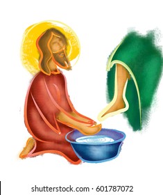 Washing of feet - Jesus Christ washing the feet of the apostles on Holy Thursday. Abstract artistic modern religious christian illustration made without reference image