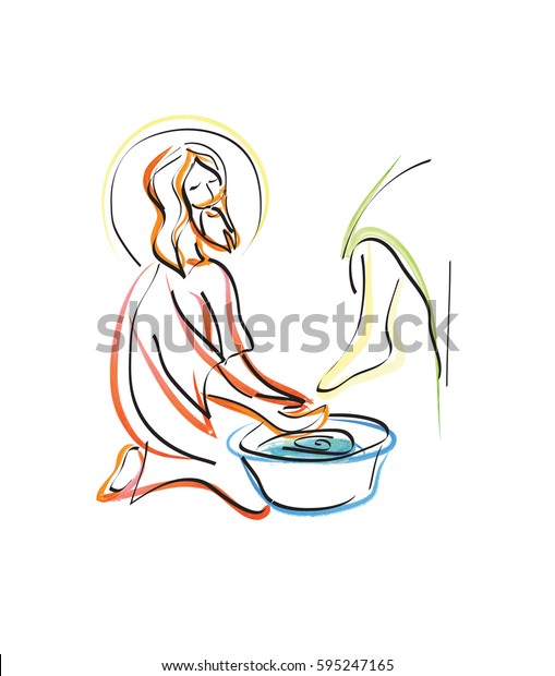 足の洗い 聖なる木曜日に使徒の足を洗うイエス キリスト 抽象的な芸術的で現代的な宗教的イラスト のイラスト素材