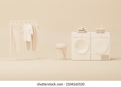 Washing machine   clothes hanger  storage shelf in monochrome cream background  Minimalist laundry room equipment concept  Trendy 3D rendering for social media banners  studios  presentations
