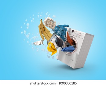 Washing machine and flying clothes on blue background