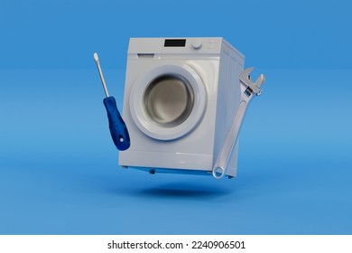 washing machine repair. washing machine, screwdriver and wrench on a blue background. 3D render. - Powered by Shutterstock