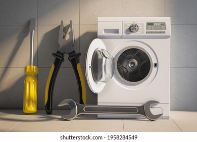 Washing machine with work tools. Repair service. 3d illustration - Powered by Shutterstock