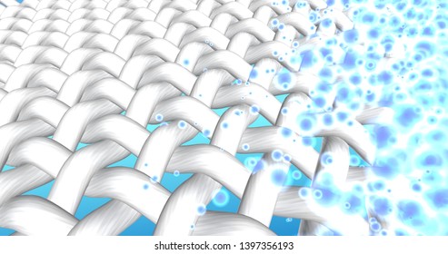 Washing Powder, Stain Remover, Bleach Or Liquid Laundry Detergent Advertising Illustration. Clean White Fabric Threads In Macro Zoom And Shining Gradient Blue Bubbles. Cloth Washing. 3D Render. 