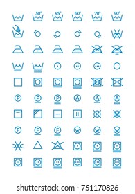 Washing And Wringing, Drying And Ironing Symbols For Clothes Labels. Garment Care Line Icons. Instruction Washing For Clothes Illustration