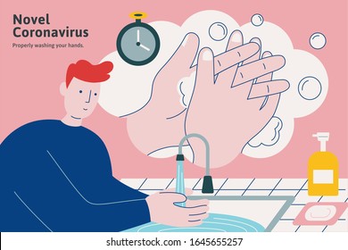 Washing your hands properly all the times, flat style COVID-19 illustration