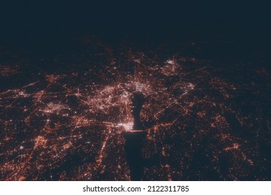 Washington DC Aerial View At Night. Top View On Modern City With Street Lights. Satellite View With Glow Effect